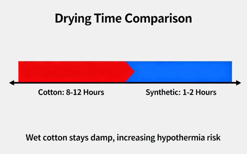 Comparison of drying times for cotton and synthetic fabrics; wet cotton's longer drying time poses risks while hiking.