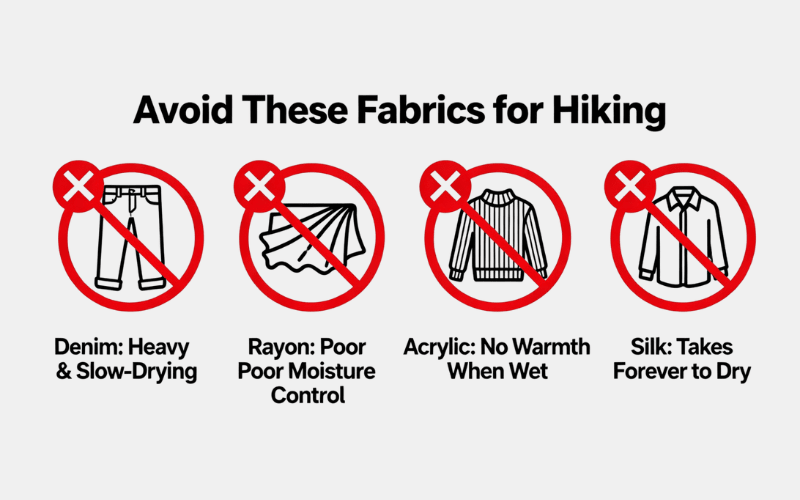 Avoid these fabrics for hiking: cotton, denim, rayon, acrylic, and silk; here's why is cotton bad for hiking.