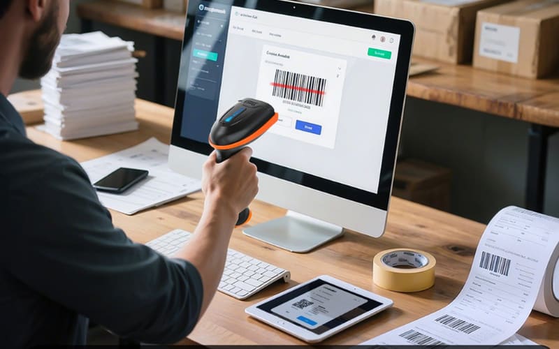 A person using a barcode scanner to check compatibility with software displayed on a computer screen in an office setting.