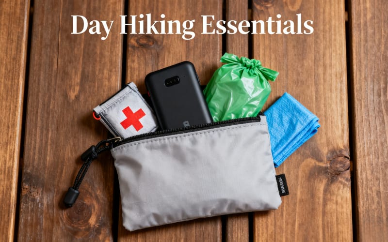 A grey pouch containing a phone, a first aid kit, a waste bag, and wipes, showcasing hiking essentials.