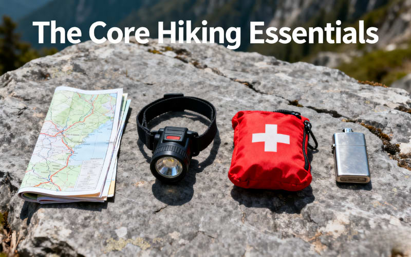 A map, flashlight, first aid kit, and lighter displayed as hiking essentials on a rock in nature.