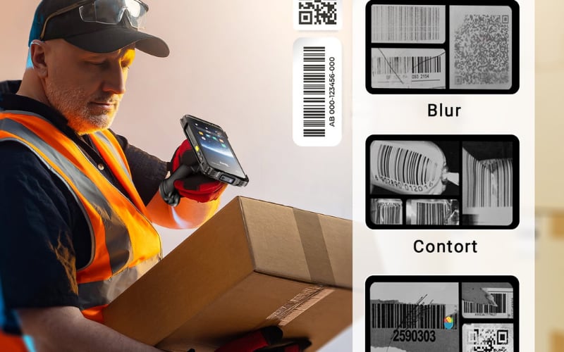 A worker scans a package using a handheld device, showcasing barcode scanner integration with examples of scan quality.