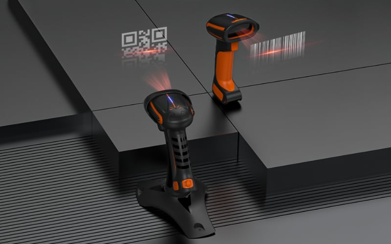 Two barcode scanners positioned on a sleek surface, showcasing barcode scanner integration and scanning capabilities with QR codes.