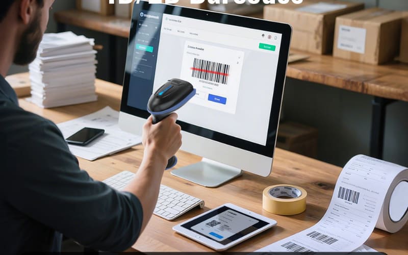 A person using a barcode scanner integration to scan items while viewing data on a computer screen in an office setting.