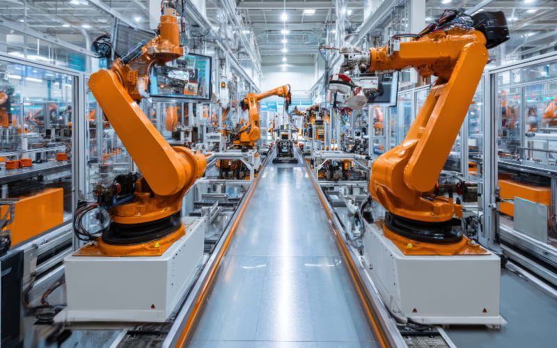 Advanced robotic systems in a factory setting, showcasing barcode scanner integration for efficient automation.