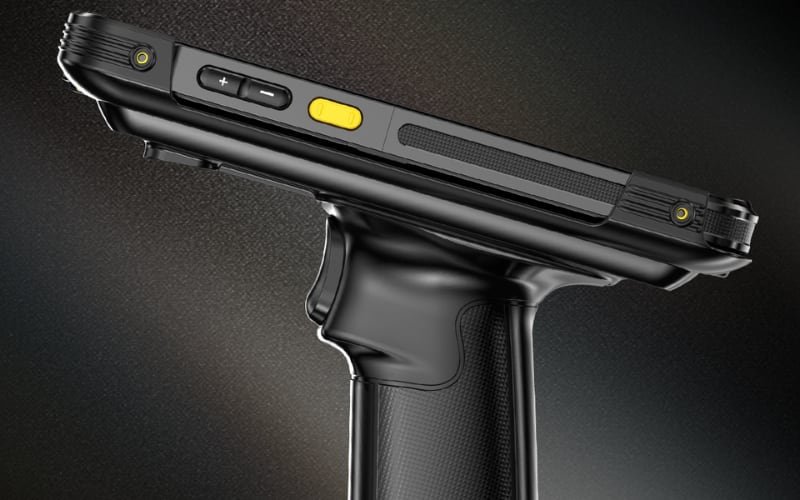 A close-up of a pistol grip scanner showcasing its ergonomic design and control buttons for efficient operation.