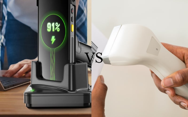 A comparison of a pistol grip scanner and a docked device, illustrating charging status and usage scenarios.