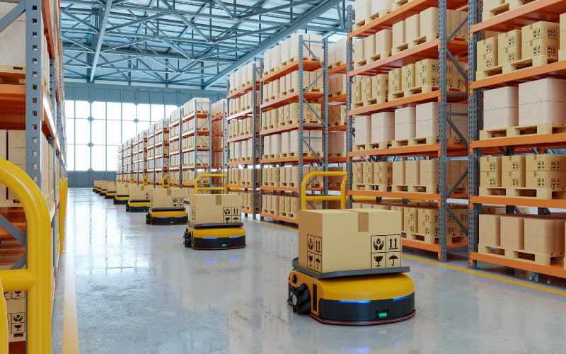 Automated trolleys maneuver through a warehouse, facilitating efficient operations with a pistol grip scanner for inventory management.