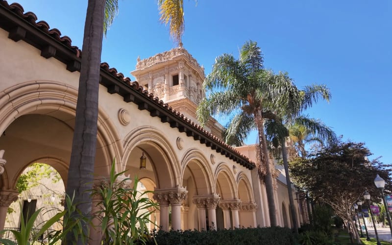 Historic architecture surrounded by palm trees, a scenic backdrop near the best hikes in San Diego.