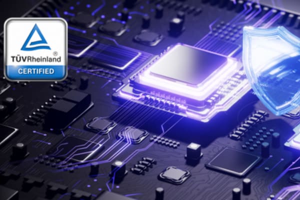 A close-up of a circuit board featuring a certified security shield, highlighting robot vacuum privacy measures.