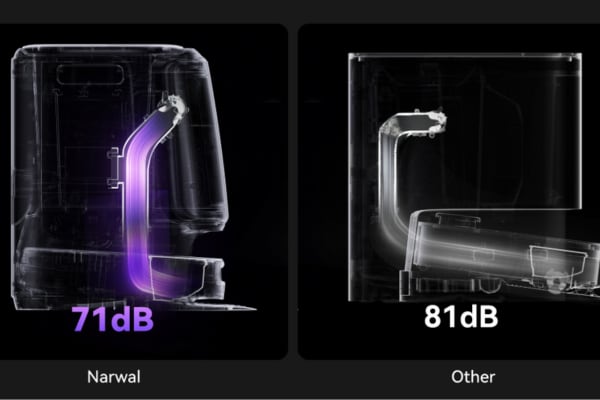 Comparison of robot vacuum with docking station noise levels: Narwal at 71dB vs Other at 81dB.