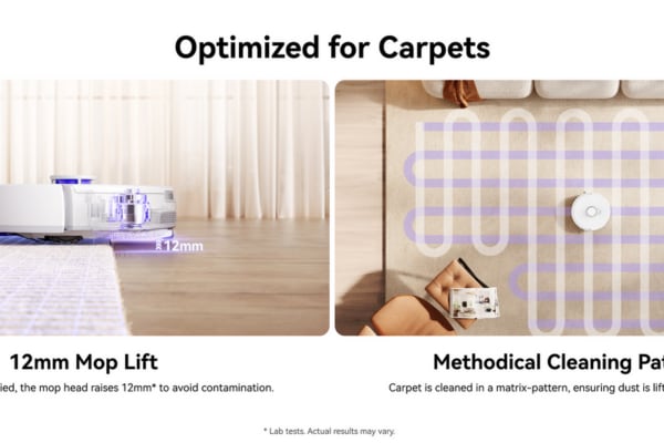 Robot vacuum features include a 12mm mop lift and a methodical cleaning pattern for effective rug care.