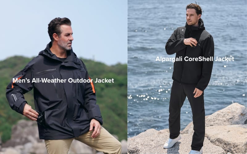 Men wearing outdoor jackets, ideal for Yellowstone hikes, showcasing all-weather protection.