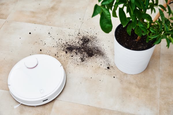 A robot vacuum cleaner on a marble floor, cleaning up spilled soil near a potted plant. Ideal for marble floors.