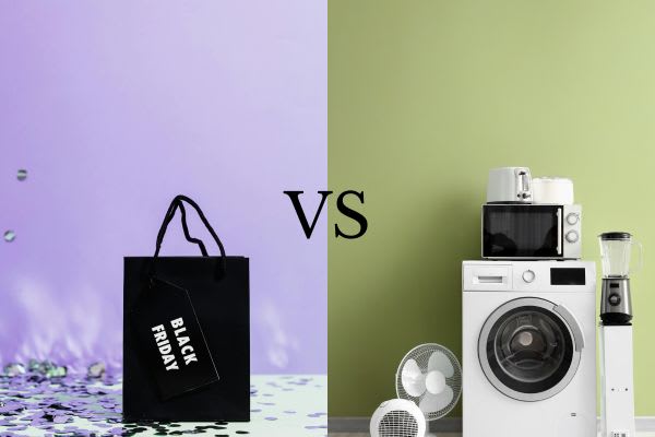 ブラックフライデーの家電セールでお得な商品を手に入れましょう！家電とショッピングの対決。