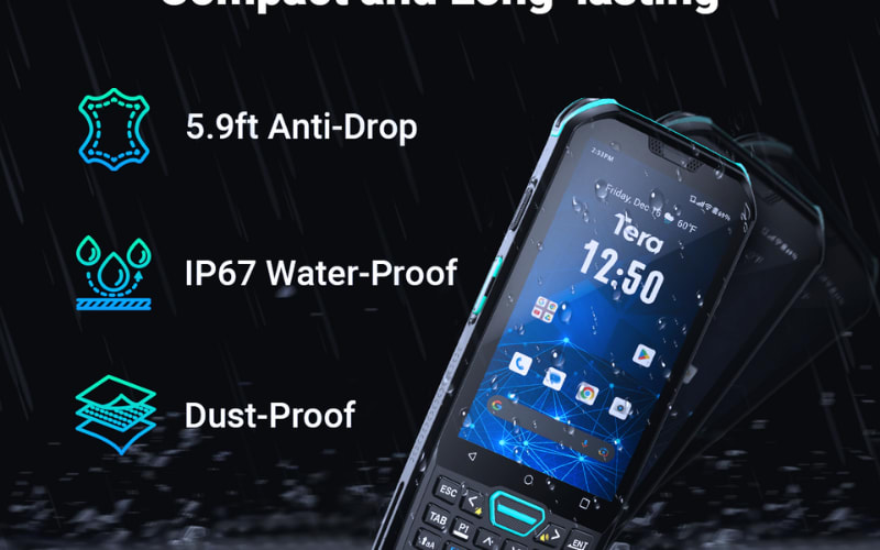Rugged mobile phone showcasing 5.9ft anti-drop design, IP67 water-proof rating, and dust-proof features.