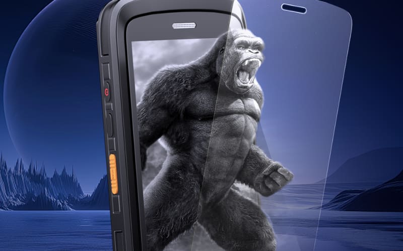 A rugged smartphone displays a powerful gorilla image, showcasing its durability and high IP rating for water and dust resistance.