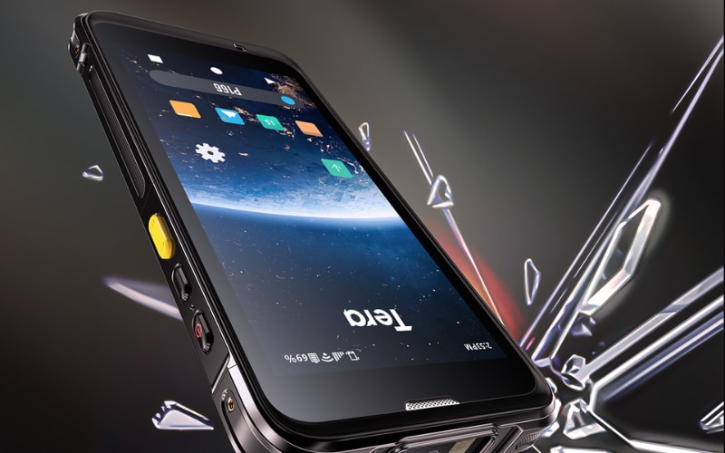 Rugged smartphone with IP rating, showcasing its durability against water and dust, set against a striking background.