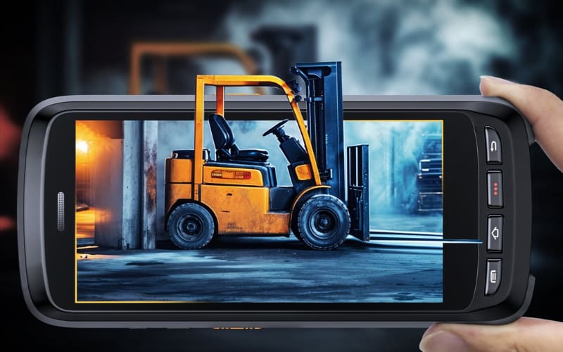 A rugged smartphone displays a forklift, showcasing durability and high IP rating for industrial environments.