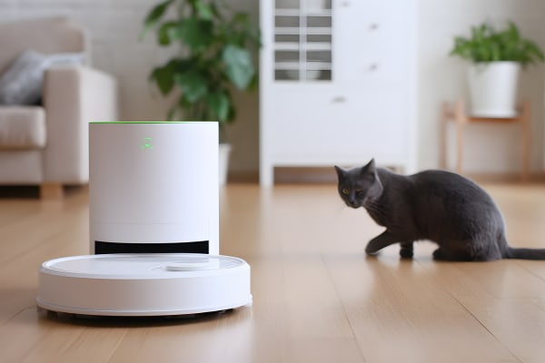 A cat scared of vacuum is cautiously approaching a robotic vacuum cleaner in a cozy living room.