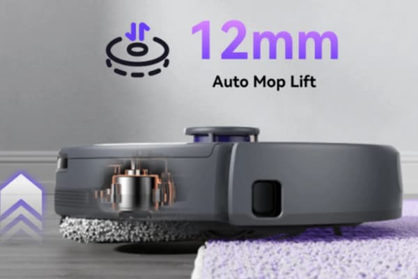 A robot vacuum showcasing its 12mm auto mop lift feature, illustrating effective floor cleaning capabilities.