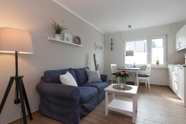 A modern living room featuring a sofa and dining area, raising the question: Do robot vacuums really clean your floors effectively?
