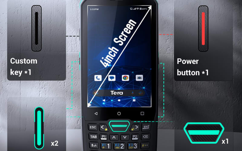 A smartphone highlighting a 4-inch screen and buttons, designed to meet drop test standards for durability.