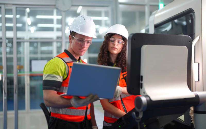 Two workers in safety gear review data on a laptop, ensuring compliance with drop test standards in a modern facility.