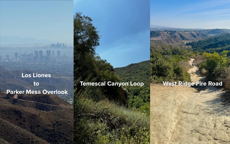 Scenic views from three trails highlighting the best hikes in LA: Los Liones, Temescal Canyon Loop, and West Ridge Fire Road.