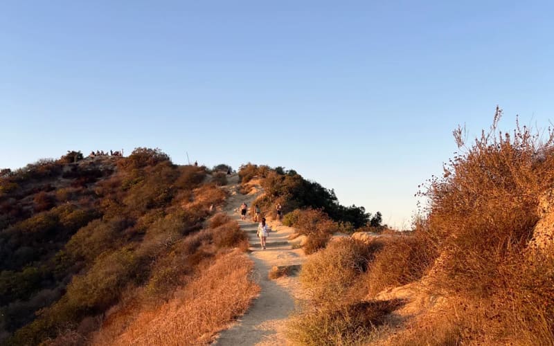 A scenic trail with hikers on a hillside, showcasing one of the best hikes in LA at sunset.