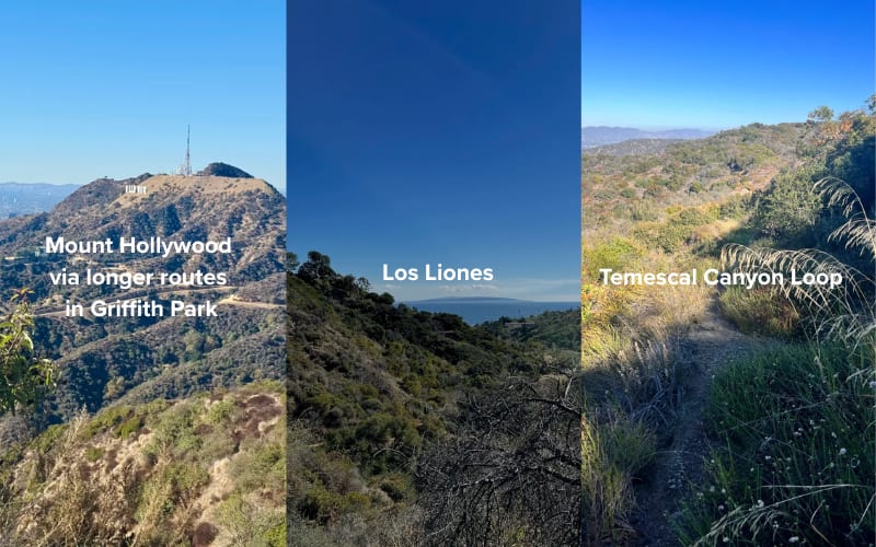 Scenic views showcasing some of the best hikes in LA: Mount Hollywood, Los Liones, and Temescal Canyon Loop.
