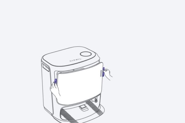 Illustration showing how to open vacuum cleaner dust bag with hands pulling on side handles.