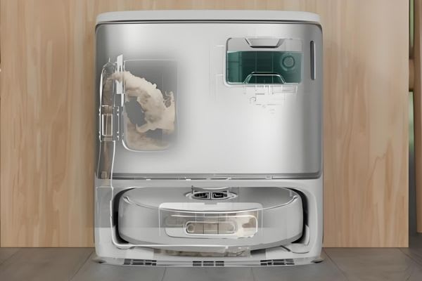 A robot vacuum's internal components, illustrating how to turn off robot vacuum efficiently.