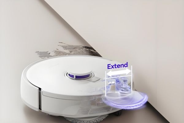 A robot vacuum illustrated near a wall, showcasing features for how to hide robot vacuum cleanliness tools.