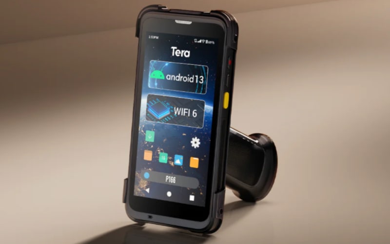 A rugged smartphone with a scanner, featuring a vibrant display showcasing Android 13 and WiFi 6 capabilities in a shallow depth of field.