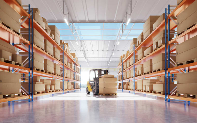 A spacious warehouse interior with shelves full of boxes, showcasing the scanner depth of field and a forklift in the center.