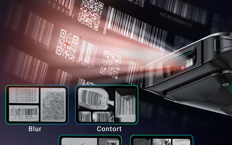 A scanner exhibits depth of field while highlighting various barcode outputs, including options like Blur and Contort.