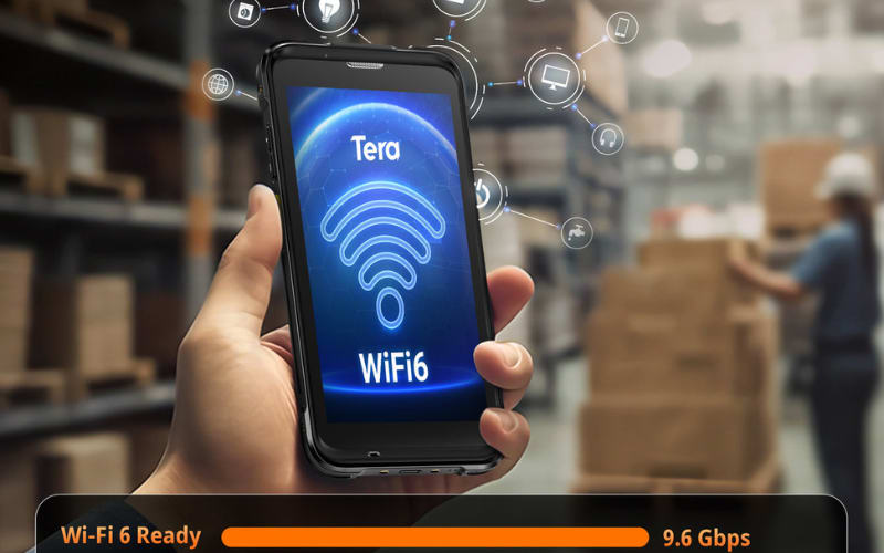 A hand holds a smartphone displaying Wi-Fi 6 capabilities, emphasizing scanner depth of field in a warehouse environment.