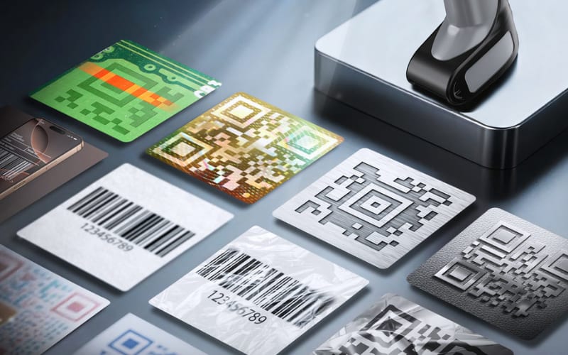 A variety of QR codes and barcodes are displayed with a scanner, showcasing different scanner depth of field effects.