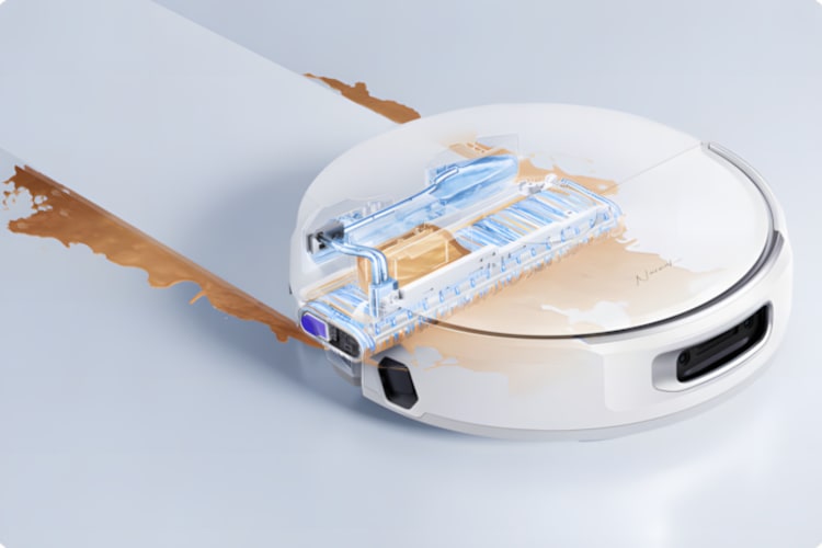 ローラーモップの内部構造が描かれ、液体を効率的に掃除する様子が示されています。