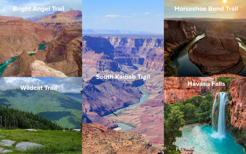 A collage showcasing stunning landscapes of the best hikes in Arizona, including Bright Angel and Havasu Falls.