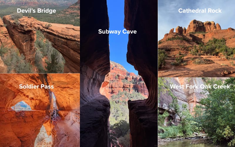 A collage of stunning Arizona scenery featuring the best hikes in Arizona: Devil's Bridge, Subway Cave, Cathedral Rock, Soldier Pass, and West Fork Oak Creek.