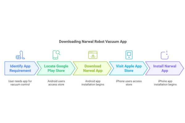 A flowchart showing how to set up and use your robot vacuum’s app, from identifying requirements to installation.