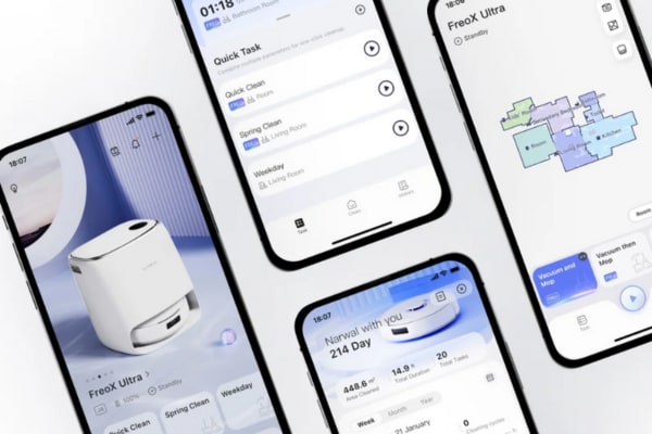 Smartphone screens display a robot vacuum control app, showcasing features for better integration with smart home systems.
