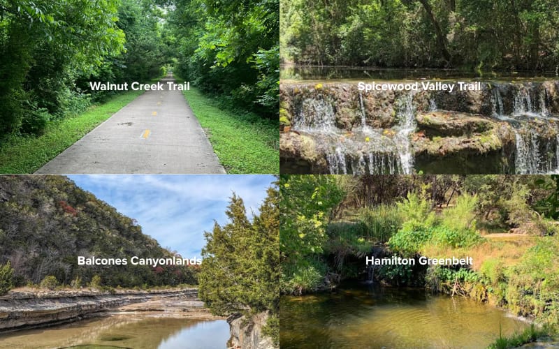 Scenic views of hiking trails in Austin, showcasing Walnut Creek, Spicewood Valley, Balcones Canyonlands, and Hamilton Greenbelt.