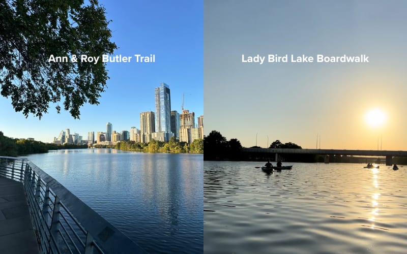 Scenic views of Ann & Roy Butler Trail and Lady Bird Lake Boardwalk, perfect hiking trails in Austin.