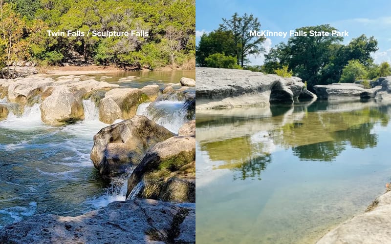 Two scenic views of waterfalls and natural pools, showcasing hiking trails in Austin's beautiful parks.