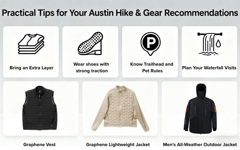 Practical tips and gear recommendations for hiking trails Austin, including clothing and safety advice.