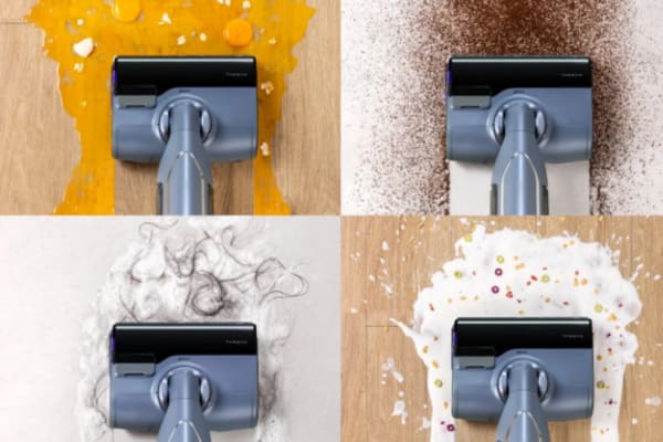 A robot vacuum is shown cleaning various liquid spills, illustrating the question: Can You Vacuum Liquid Spills with a Robot Vacuum?