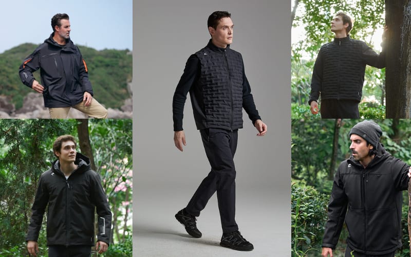 Men dressed in outdoor gear, showcasing styles ideal for hiking for beginners in various natural settings.